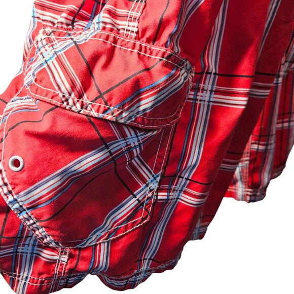 Burnside Red & White Plaid Mens Drawstring Swim Trunks With Mesh Lining Size L - Picture 2 of 6